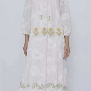 Zara Collection (Size XS) White Lace Embroidered Maxi Dress Boho Peasant Tassels